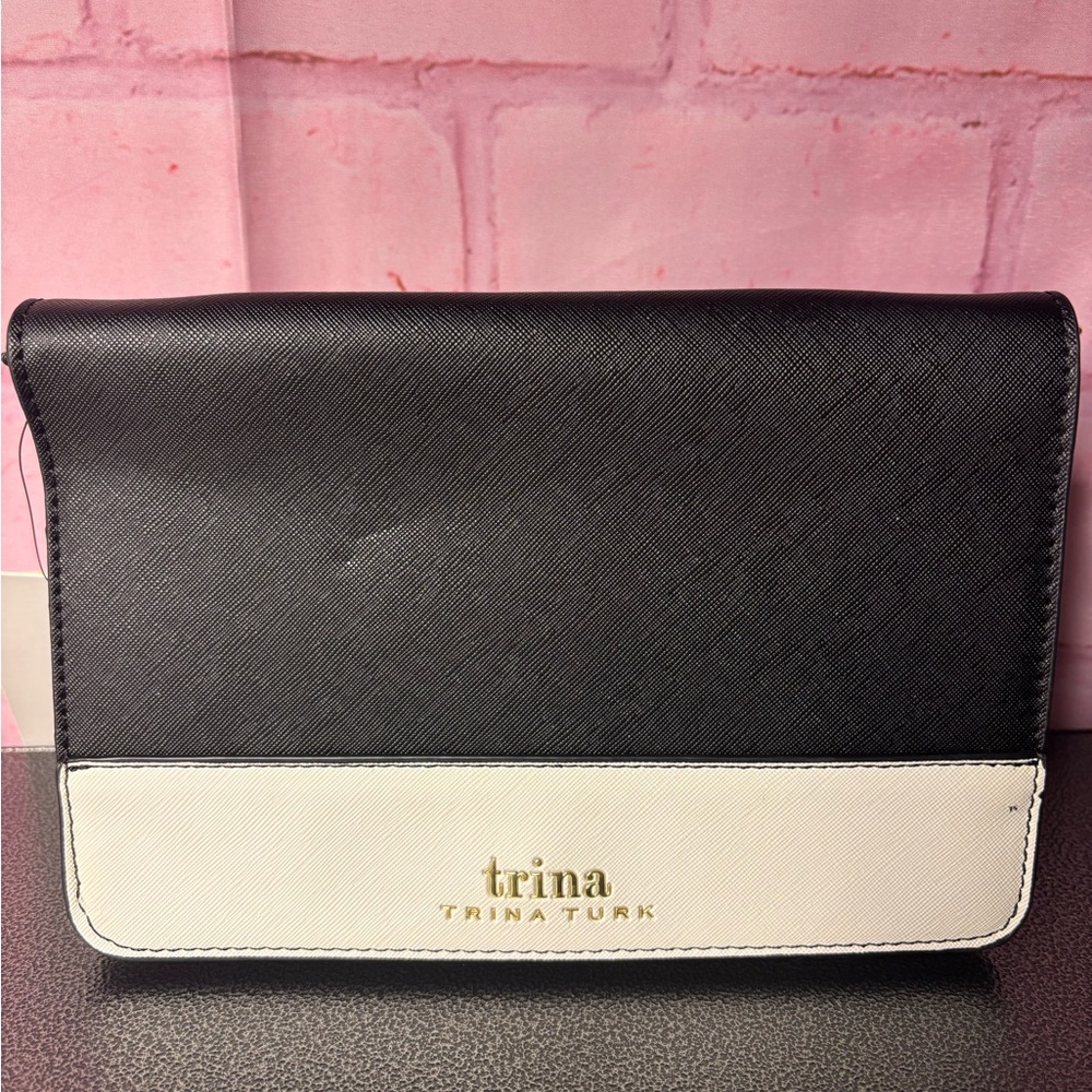 Trina Turk Black and White Two-Tone Crossbody Wallet with Gold Logo